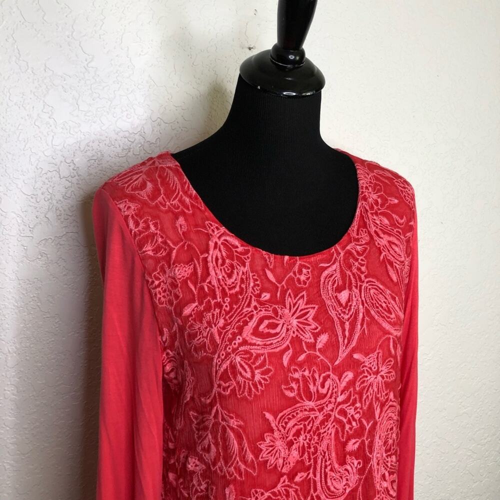 Soft Surroundings bright pink sheer embroidered floral overlay tunic top Medium - Picture 2 of 15